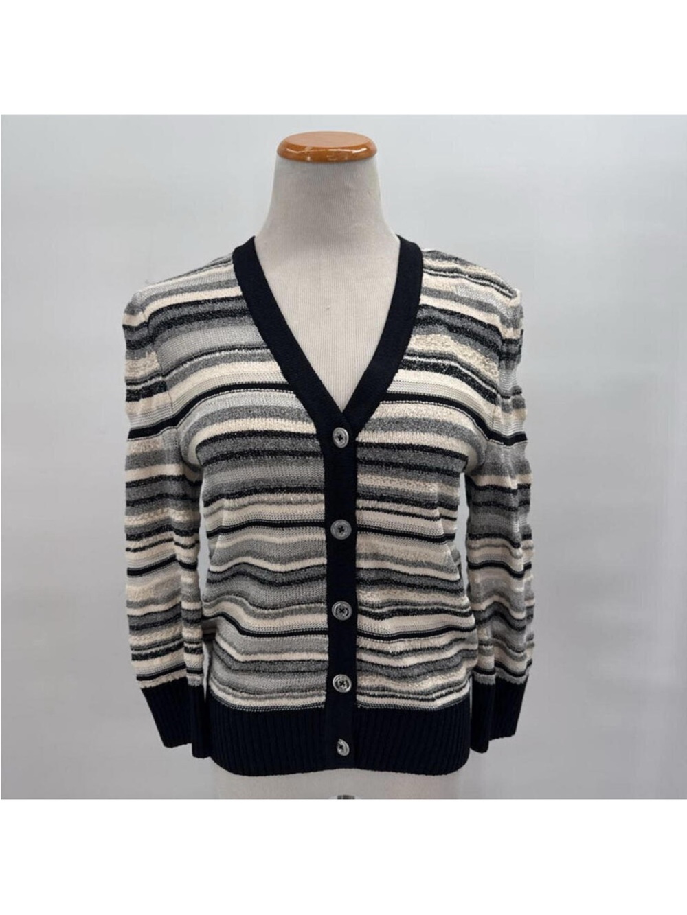 St. John Striped V-Neck Button Cardigan - Black & Cream